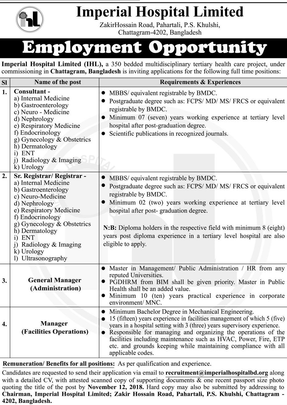 Imperial Hospital Limited (IHL) Job Circular 2018