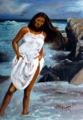 ~ On the Beach with Janie Mac  ~   Oil on canvas, 24 x 30, 1984  Collector not recorded. Timeless Expression by Maguire