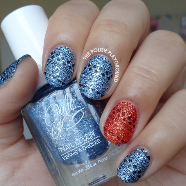 Blue and Red Textured Sweater Inspired Stamping Nail Art