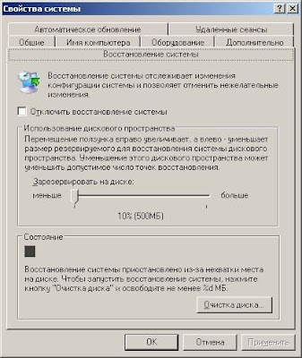 Вкладка “Восстановление системы”