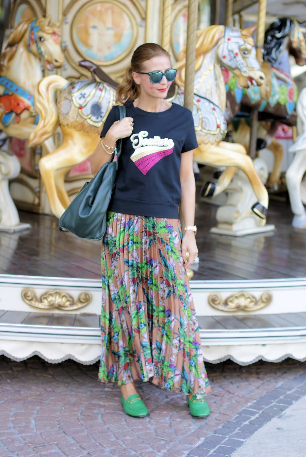 How to wear Gucci Jordan loafers? Outfit with pleated skirt on Fashion and Cookies fashion blog, fashion blogger style