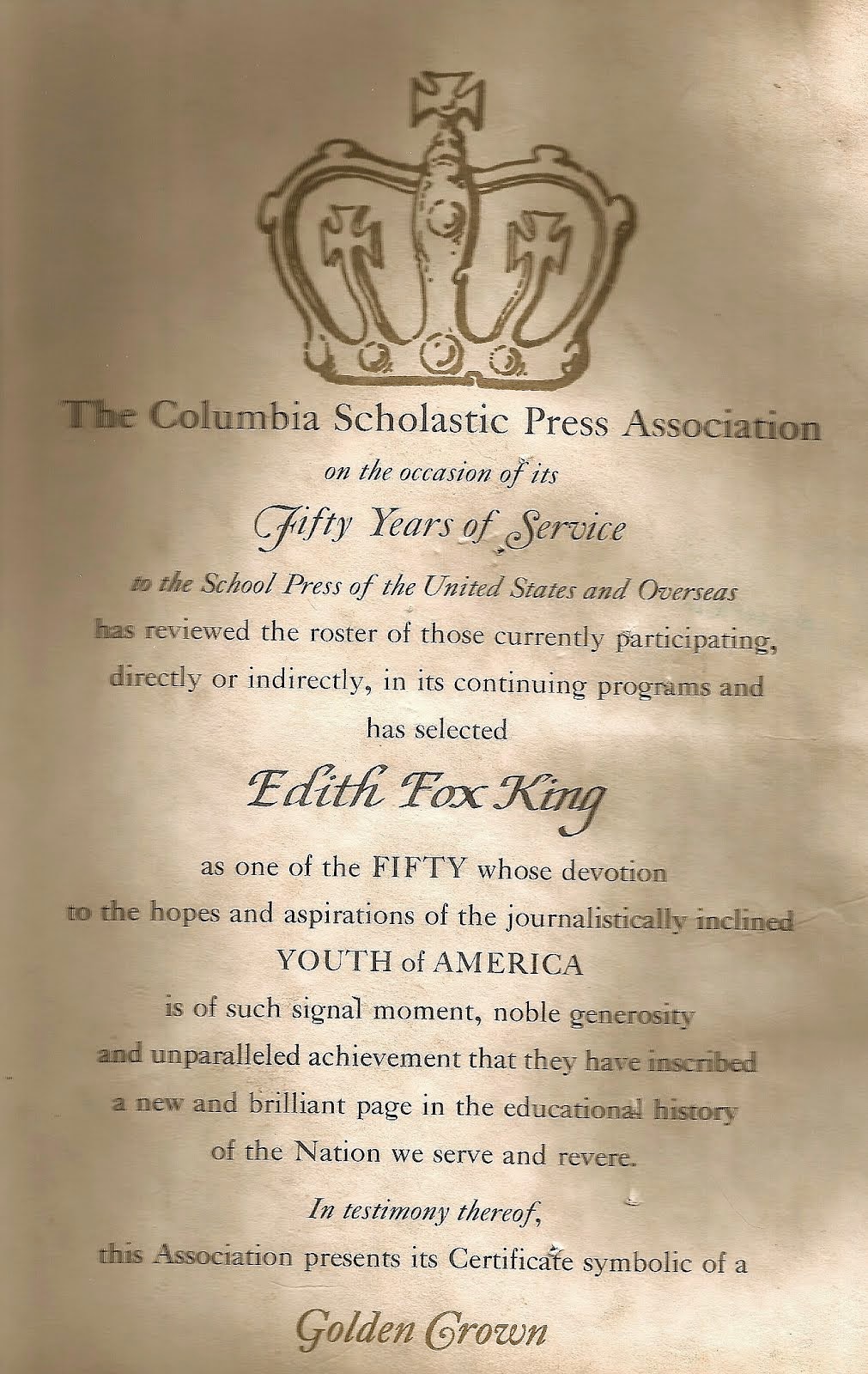 An award from Columbia Scholastic Press Association in 1955