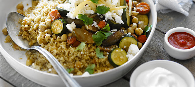 Bulgur with Roasted Vegetables in a Serving Dish