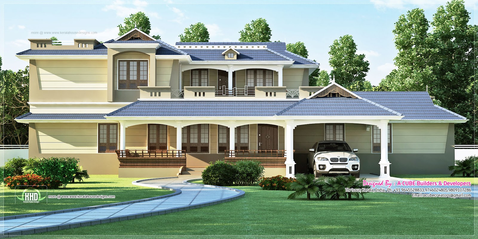 Luxury sloping roof 5 bedroom villa exterior - Kerala home design and