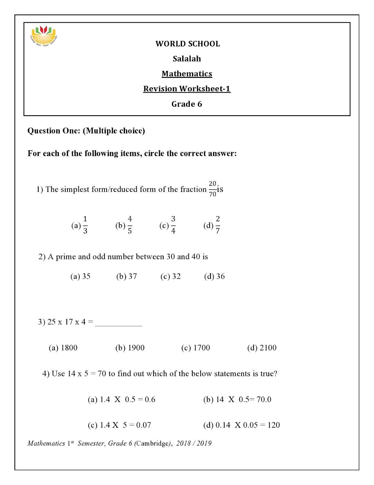 Birla World School Oman: Homework for Grade 6 as on 25-12-2018