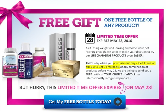 New and Existing Customers can get free Skinny Fiber, Skinny Body Max or HiBurn8. Ordermore than one bottle by May 30, 2016 and get a free bottle!