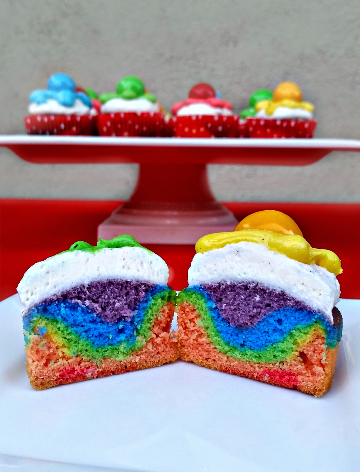 rainbow cupcakes for a paintball party