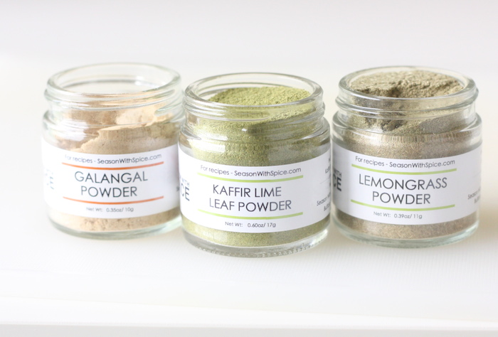 kaffir lime leaf powder, lemongrass powder and galangal powder at SeasonWithSpice.com