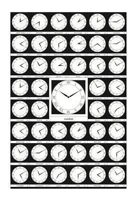 poster of numerous clock faces with times around the world