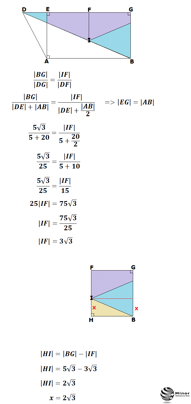 Podstawy trapezu równoramiennego mają długości 30 i 20, a jego obwód jest równy 70. Oblicz odległość punktu przecięcia się przekątnych tego trapezu od krótszej podstawy. 