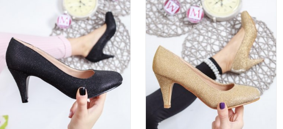 Pantofi eleganti aurii, negri cu toc mediu de zi ieftini Pantofi eleganti aurii, negri cu toc mediu de zi ieftini