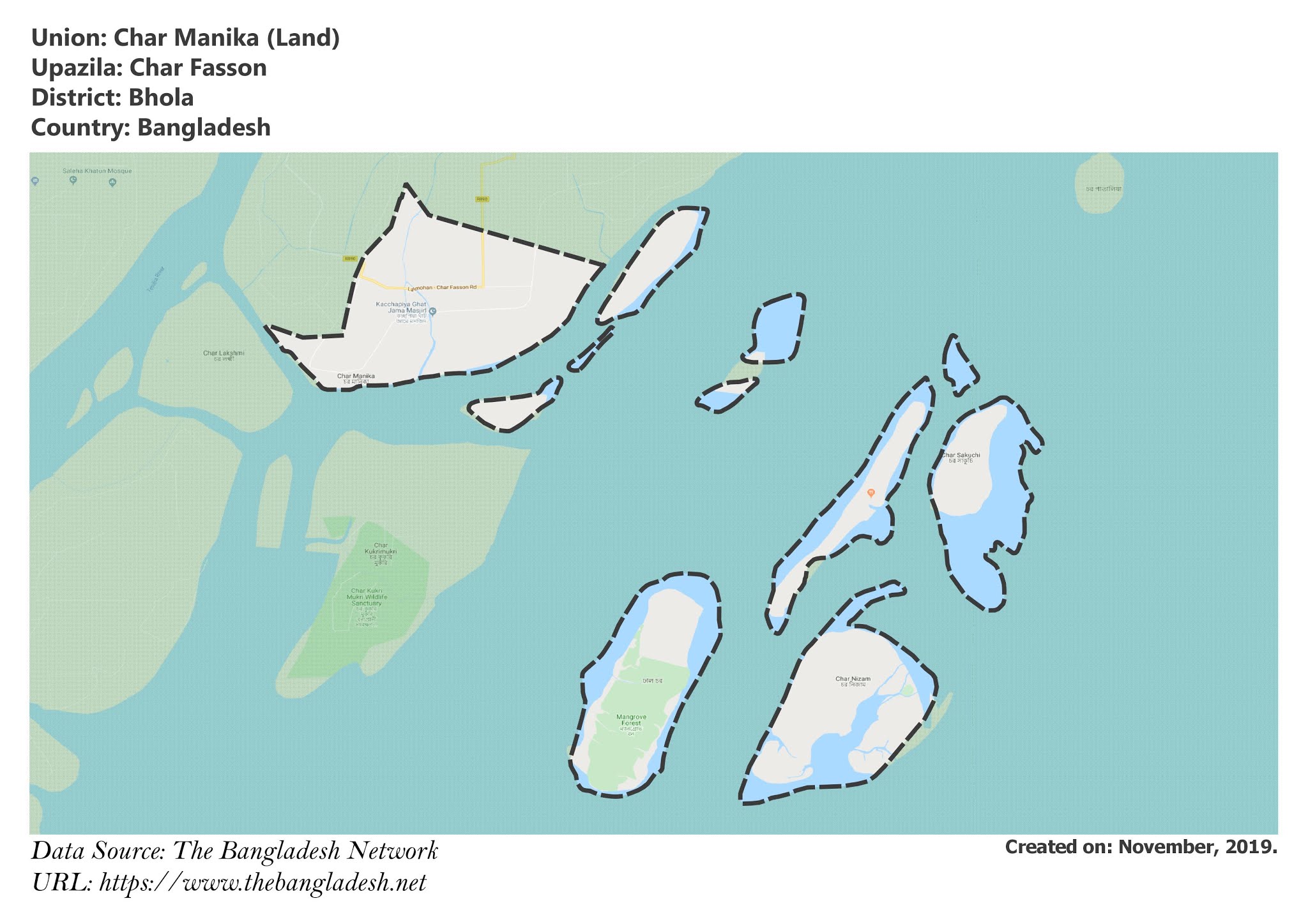 Map of Char Manika of Bhola, Bangladesh.