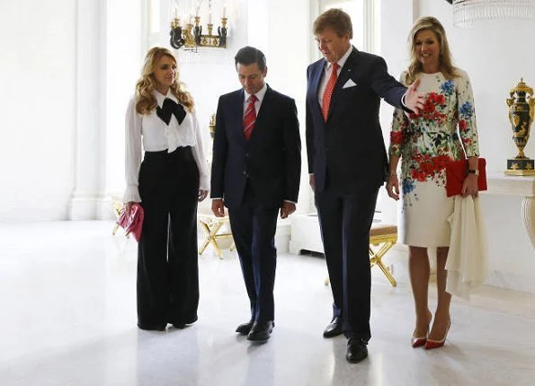 Queen Maxima wore Natan Floral Print Dress. President Enrique Pena Nieto and his wife Angelica Rivera de Pena at Noordeinde Palace in The Hague