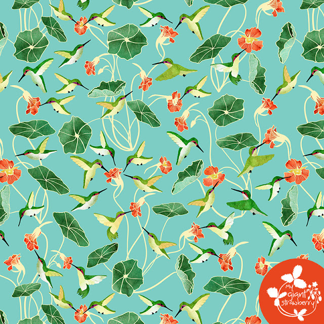 hummingbirds, nasturtiums, fabric design, surface pattern design, Spoonflower, Anne Butera, My Giant Strawberry