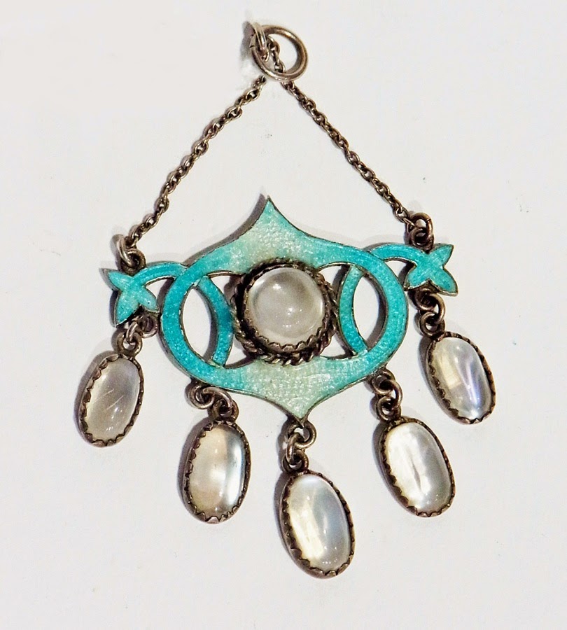 Art Nouveau silver-coloured metal, enamel and moonstone pendant,