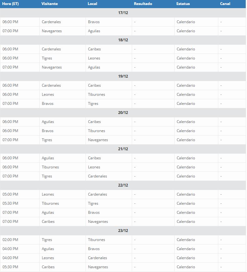 Calendario undécima semana LVBP 2018-19. Calendario de Béisbol Profesional Venezolano 2018-2019 LVBP. Calendario completo con las Transmisiones televisivas del Béisbol Profesional venezolano 2018-2019 LVBP.