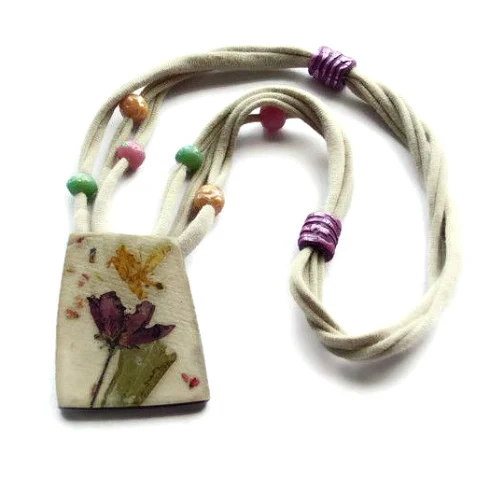 handmade floral paper necklace with t-shirt cord and paper beads