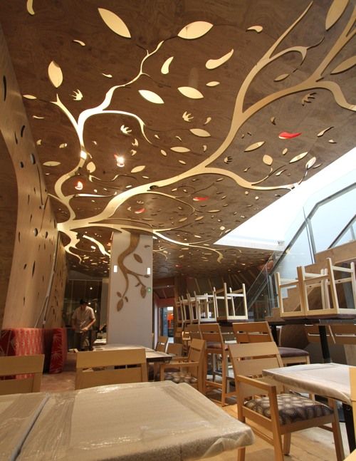 ceiling tree cnc restaurant false nandos ceilings designs interior chilli decor cutting living installation office brent cross wood metal