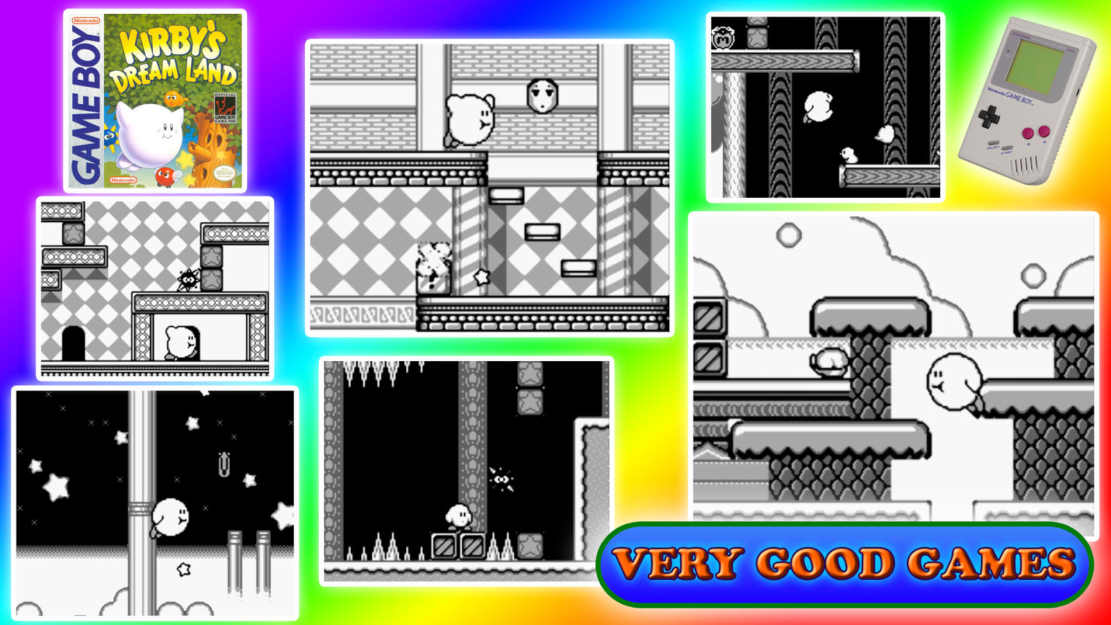 A banner with screenshots from Kirby’s Dream Land - the very first game of Kirby series, made for GameBoy and available for Nintendo 3DS and 2DS