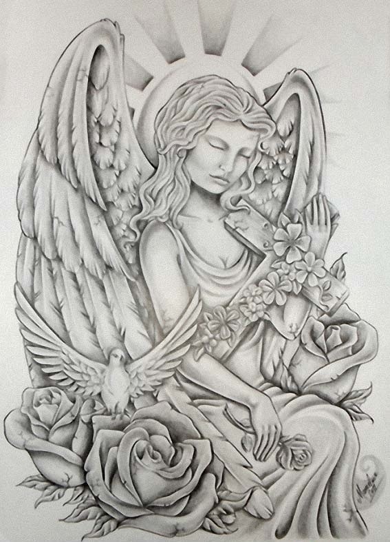 Angel roses and the Holy spirit tattoo stencil 11.