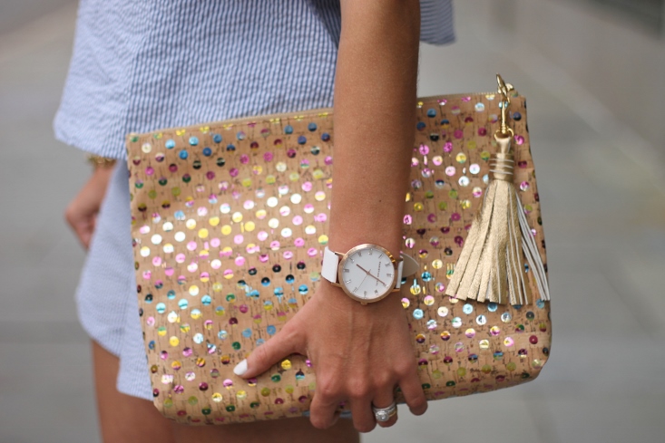 Christian Paul Whitehaven Watch and sequin and cork clutch handbag
