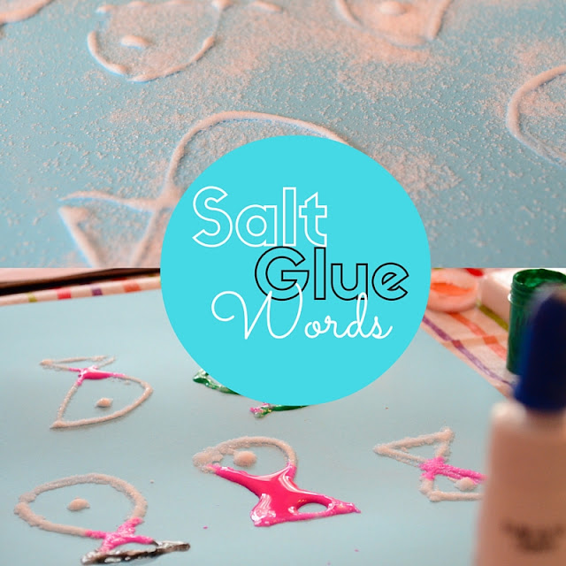 The Practical Mom: Salt Glue Word Building: (1) Write with glue (2) Sprinkle Salt (3) Shake off Excess Salt (4) Transfer paint via pipette 