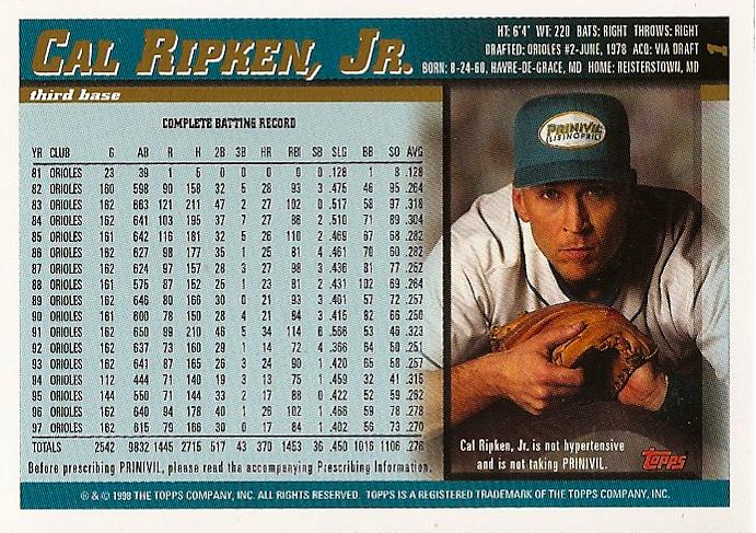 Orioles Card O the Day: Cal Ripken Jr., 1998 Topps Prinivil Promo #1