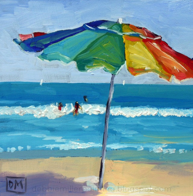 Lifes a Beach daily painting. beach umbrella painting by Debbie Miller
