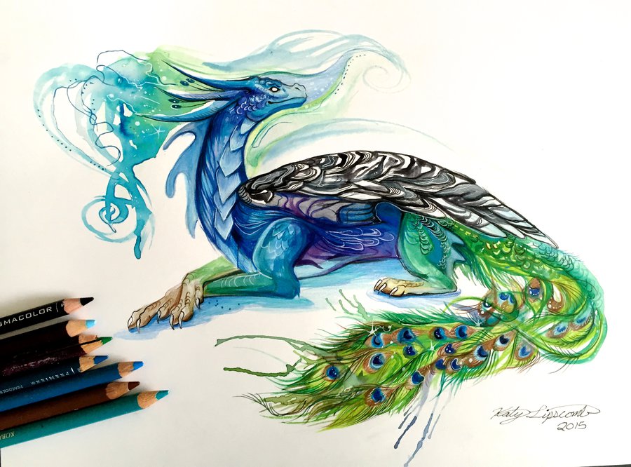 12-Peacock-Dragon-Katy-Lipscomb-Lucky978-Fantasy-Watercolor-Paintings-Colored-Pencils-Drawings-www-designstack-co