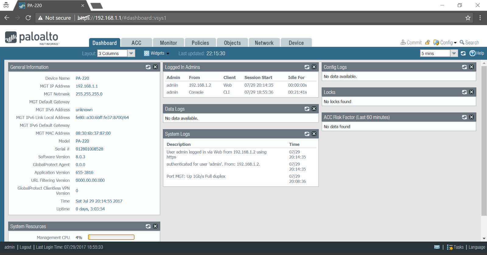 infoSecStudent Blog Palo Alto PA220  Interface Initial