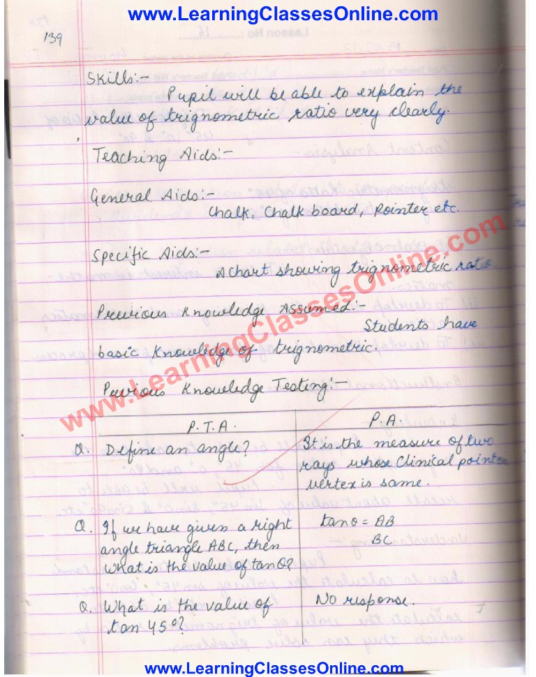 Class 10 Math Lesson Plan on Trigonometric Ratio