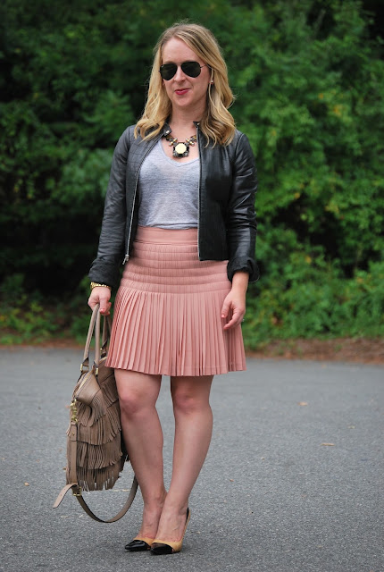 pleated skirt, leather jacket, how to wear a pleated skirt