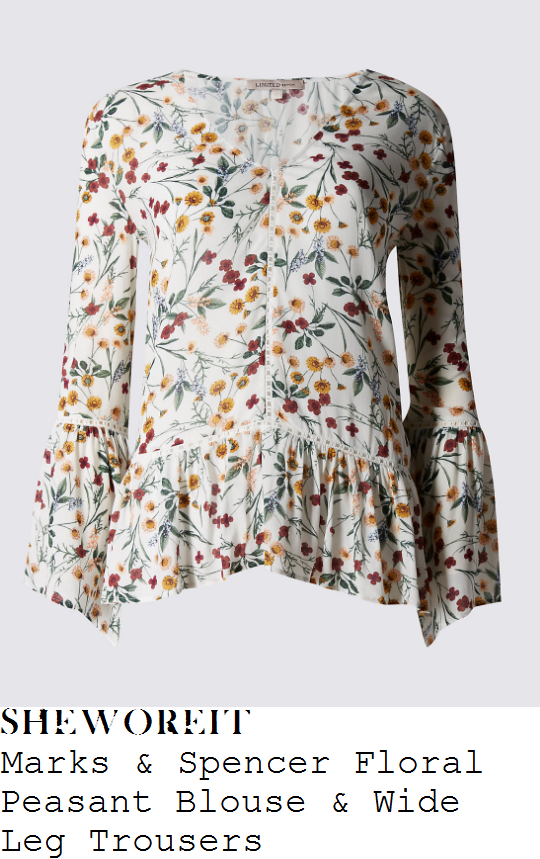 lydia-brights-marks-and-spencer-cream-yellow-red-and-green-floral-print-long-sleeve-frill-hem-peasant-blouse-and-wide-leg-trousers