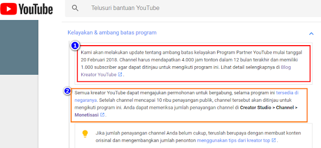 Peraturan Baru Youtube 2018 Jadi Lebih Selektif Peraturan Baru Youtube 2018 Jadi Lebih Selektif – Hallo friends... Mendekati akhir tahun 2017 dan sekarang sudah masuk di tahun 2018 nampaknya youtube melakukan perubahan dan kebijakan baru yang sangat selektif. Berita adanya peraturan dan kebijakan baru dari youtube telah menyita banyak perhatian youtuber terutama para youtuber pemula. Bahkan berita ini pun sudah sangat populer dan hangat diperbincangkan oleh kalangan youtuber yang masih memiliki jumlah subscriber di bawah 1.000. Berita tersebut adalah pada tanggal 20 Februari 2018 nanti setiap kanal atau channel youtube yang tidak memenuhi syarat dengan mendapatkan 4.000 jam tonton dalam satu tahun terakhir dan memiliki 1.000 subscriber maka secara otomatis kanal youtube yang bersangkutan tidak lagi dapat menanyangkan iklan google adsense pada video youtube mereka. Hal ini pun berlaku untuk setiap calon publisher adsense youtube dimana hanya bisa mengajukan permohonan adsense apabila channel youtube mereka telah mencapai 1.000 subscriber dan telah memiliki 4.000 jam ditonton dalam satu tahun terakhir. Luput dari itu maka permohonan tidak dapat diajukan. Baca Juga: Cara Agar Vlog atau Video Youtube Banyak yang Nonton Peraturan Baru Youtube 2018 Jadi Lebih Selektif Jika pada beberapa tahun lalu youtube memberlakukan pengajuan adsense bisa dilakukan apabila channel youtube penggunanya telah mencapai minimal 10.000 view. Maka pada tahun 2018 ini semuanya berubah menjadi 4.000 jam total video kanal youtube ditonton dalam satu tahun terakhir dengan subscriber sudah harus mencapai 1.000 subs terlebih dahulu. Jika, kanal youtube tidak lagi memenuhi syarat dan ketentuan baru ini. Secara otomatis iklan adsense akan dihentikan tayang hingga kanal youtube memenuhi syarat dari peraturan baru yang berlaku saat ini. Kebijakan ini sebenarnya cukup baik dalam menjaring konten kreator untuk lebih bertanggungjawab dalam membagikan konten video yang berkualitas juga mampu menjaring banyak penonton dan subscriber ke channel youtube mereka. Hal ini bisa dimungkinkan sebagai antisipisi youtube untuk lebih selektif dalam menyeleksi channel youtube yang berkualitas dan memiliki konten yang baik dan layak untuk dimonetisasi. Apalagi melihat kondisi peryoutuban di indonesia saat ini! Sudah cukup miris karena ditunggangi youtuber-youtuber tidak beratnggungjawab yang melakukan reupload dan pencurian konten digital. Meski sebenarnya tujuan kebijakan ini untuk menyelekasi konten dan channel youtube yang positif dan baik. Nyatanya ini tetap saja membuat sedih beberapa youtuber yang hanya memiliki ratusan subscriber dengan tayangan video yang mungkin baru beberapa ribu. Memang Nasib youtuber pemula maupun youtuber kecil. Akan tersisihkan jika peraturan ini diberlakukan. Akibatnyya setiap konten atau kanal youtube yang tidak lagi memenuhi syarat pada tanggal 20 Februari 2018 nanti tidak lagi dapat menayangkan iklan adsense di video youtube mereka. Hal ini dapat kita lihat pada pernyataan kebijakan baru youtube yang sudah saya screenshoot untuk teman-teman membacanya lebih jelas (tab gambar dua kali untuk menampilkan tampilan dan resolusi yang lebih besar HD). Peraturan Baru Youtube 2018 Jadi Lebih Selektif – Hallo friends..., Mendekati akhir tahun 2017 dan sekarang sudah masuk di tahun 2018 nampaknya youtube melakukan perubahan dan kebijakan baru yang sangat selektif. Berita adanya peraturan dan kebijakan baru dari youtube telah menyita banyak perhatian youtuber terutama para youtuber pemula. Bahkan berita ini pun sudah sangat populer dan hangat diperbincangkan oleh kalangan youtuber yang masih memiliki jumlah subscriber di bawah 1.000. Berita tersebut adalah pada tanggal 20 Februari 2018 nanti setiap kanal atau channel youtube yang tidak memenuhi syarat dengan mendapatkan 4.000 jam tonton dalam satu tahun terakhir dan memiliki 1.000 subscriber maka secara otomatis kanal youtube yang bersangkutan tidak lagi dapat menanyangkan iklan adsense pada video youtube mereka. Hal ini pun berlaku untuk setiap calon publisher adsense youtube dimana hanya bisa mengajukan permohonan adsense apabila channel youtube mereka telah mencapai 1.000 subscriber dan telah memiliki 4.000 jam ditonton dalam satu tahun terakhir. Luput dari itu maka permohonan tidak dapat diajukan. Baca Juga: Cara Agar Vlog atau Video Youtube Banayak yang Nonton Cara Sukses dan Menjadi Youtuber Berpenghasilan Tips Agar Bisa Membuat Video Youtube Sendiri Jika pada beberapa tahun lalu youtube memberlakukan pengajuan adsense bisa dilakukan apabila channel youtube penggunanya telah mencapai minimal 10.000 view, maka pada tahun 2018 ini semuanya berubah menjadi 4.000 jam ditonton dalam satu tahun terakhir dengan subscriber sudah harus mencapai 1.000 subs. Peraturan Baru Youtube 20 Februari 2018 Jadi Lebih Selektif – Hallo friends..., Mendekati akhir tahun 2017 dan sekarang sudah masuk di tahun 2018 nampaknya youtube melakukan perubahan dan kebijakan baru yang sangat selektif. Berita adanya peraturan dan kebijakan baru dari youtube telah menyita banyak perhatian youtuber terutama para youtuber pemula. Bahkan berita ini pun sudah sangat populer dan hangat diperbincangkan oleh kalangan youtuber yang masih memiliki jumlah subscriber di bawah 1.000. Berita tersebut adalah pada tanggal 20 Februari 2018 nanti setiap kanal atau channel youtube yang tidak memenuhi syarat dengan mendapatkan 4.000 jam tonton dalam satu tahun terakhir dan memiliki 1.000 subscriber maka secara otomatis kanal youtube yang bersangkutan tidak lagi dapat menanyangkan iklan adsense pada video youtube mereka. Hal ini pun berlaku untuk setiap calon publisher adsense youtube dimana hanya bisa mengajukan permohonan adsense apabila channel youtube mereka telah mencapai 1.000 subscriber dan telah memiliki 4.000 jam ditonton dalam satu tahun terakhir. Luput dari itu maka permohonan tidak dapat diajukan. Jika pada beberapa tahun lalu youtube memberlakukan pengajuan adsense bisa dilakukan apabila channel youtube penggunanya telah mencapai minimal 10.000 view, maka pada tahun 2018 ini semuanya berubah menjadi 4.000 jam ditonton dalam satu tahun terakhir dengan subscriber sudah harus mencapai 1.000 subs. Kebijakan ini sebenarnya cukup baik dalam menjaring konten kreator yang bertanggungjawab untuk membagikan konten video yang berkualitas dan mampu menjaring banyak penonton dan subscriber ke channel youtube mereka. Hal ini bisa dimungkinkan sebagai antisipisi youtube untuk lebih selektif dalam menyeleksi channel youtube yang berkualitas dan memiliki konten yang baik dan layak untuk dimonetisasi. Apalagi melihat kondisi peryoutuban di indonesia saat ini! Sudah cukup miris karena ditunggangi youtuber-youtuber tidak beratnggungjawab yang melakukan reupload dan pencurian konten digital. Meski sebenarnya tujuan kebijakan ini untuk menyelekasi konten dan channel youtube yang positif dan baik. Nyatanya ini tetap saja membuat sedih beberapa youtuber yang hanya memiliki ratusan subscriber dengan tayangan video yang mungkin baru beberapa ribu. Sebab setiap konten atau channel youtube yang tidak lagi memenuhi syarat pada tanggal 20 Februari 2018 nanti tidak lagi dapat menayangkan video youtube. Hal ini dapat kita lihat pada pernyataan kebijakan baru youtube pada gambar screenshoot berikut. Beruntung jika Channel Youtube telah memiliki lebih dari 1.000 subscriber, sebab mereka hanya perlu meningkatkan jumlah waktu tontonan video mereka dihitung secara keseluruhan dalam waktu satu tahun minimal 4.000 jam tontonan seperti yang sudah dijelaskan sebelumnya pada tulisan di atas. Namun bagaimana dengan youtuber yang channel youtubenya hanya memiliki jumlah waktu tayangan dan subscriber yang masih minim seperti terlihat pada gambar berikut? Melihat kondisi yang seperti ini membuat seorang youtuber harus bersabar dan terus bekerja keras untuk menciptakan konten-konten berkualitas agar mendapatkan banyak subscriber dan jumlah jam tontonan supaya channel youtube mereka dapat terus menayangkan iklan dan dapat memenuhi perturan dan kebijakan baru youtube yang sudah sangat selektif. So... karena youtube makin selektif maka tanggung jawab youtuber di kancah persilatan online youtuber indonesia menjadi perhatian serius untuk menjadi lebih baik, berkarya lebih giat, semangat berproses, pantang menyerah, pantang putus asah, dan harus terus maju hingga mencapai apa yang dicita-citakan sebagai youtuber dan pemain adsense. Barangkali hanya itu celoteh saya hari ini! Kamu punya tanggapan? Ayo berkomentar sampaikan alasan dan pendapat kamu mengapa youtube menerbitkan kebijakan ini? Apakah kamu setuju atau menolak? sampaikan alasan kamu! Apa yang bisa kamu berikan untuk memotivasi youtuber dan konten kreator lain yang saat ini mungkin sedang down karena channel youtube milik mereka belum mencapai target yang disyaratkan youtube? Stay postif... Yuk... diskusi! Kebijakan ini sebenarnya cukup baik dalam menjaring konten kreator yang bertanggungjawab untuk membagikan konten video yang berkualitas dan mampu menjaring banyak penonton dan subscriber ke channel youtube mereka. Hal ini bisa dimungkinkan sebagai antisipisi youtube untuk lebih selektif dalam menyeleksi channel youtube yang berkualitas dan memiliki konten yang baik dan layak untuk dimonetisasi. Apalagi melihat kondisi peryoutuban di indonesia saat ini! Sudah cukup miris karena ditunggangi youtuber-youtuber tidak beratnggungjawab yang melakukan reupload dan pencurian konten digital. Meski sebenarnya tujuan kebijakan ini untuk menyelekasi konten dan channel youtube yang positif dan baik. Nyatanya ini tetap saja membuat sedih beberapa youtuber yang hanya memiliki ratusan subscriber dengan tayangan video yang mungkin baru beberapa ribu. Sebab setiap konten atau channel youtube yang tidak lagi memenuhi syarat pada tanggal 20 Februari 2018 nanti tidak lagi dapat menayangkan video youtube. Hal ini dapat kita lihat pada pernyataan kebijakan baru youtube pada gambar screenshoot berikut. Peraturan Baru Youtube 20 Februari 2018 Jadi Lebih Selektif – Hallo friends..., Mendekati akhir tahun 2017 dan sekarang sudah masuk di tahun 2018 nampaknya youtube melakukan perubahan dan kebijakan baru yang sangat selektif. Berita adanya peraturan dan kebijakan baru dari youtube telah menyita banyak perhatian youtuber terutama para youtuber pemula. Bahkan berita ini pun sudah sangat populer dan hangat diperbincangkan oleh kalangan youtuber yang masih memiliki jumlah subscriber di bawah 1.000. Berita tersebut adalah pada tanggal 20 Februari 2018 nanti setiap kanal atau channel youtube yang tidak memenuhi syarat dengan mendapatkan 4.000 jam tonton dalam satu tahun terakhir dan memiliki 1.000 subscriber maka secara otomatis kanal youtube yang bersangkutan tidak lagi dapat menanyangkan iklan adsense pada video youtube mereka. Hal ini pun berlaku untuk setiap calon publisher adsense youtube dimana hanya bisa mengajukan permohonan adsense apabila channel youtube mereka telah mencapai 1.000 subscriber dan telah memiliki 4.000 jam ditonton dalam satu tahun terakhir. Luput dari itu maka permohonan tidak dapat diajukan. Jika pada beberapa tahun lalu youtube memberlakukan pengajuan adsense bisa dilakukan apabila channel youtube penggunanya telah mencapai minimal 10.000 view, maka pada tahun 2018 ini semuanya berubah menjadi 4.000 jam ditonton dalam satu tahun terakhir dengan subscriber sudah harus mencapai 1.000 subs. Kebijakan ini sebenarnya cukup baik dalam menjaring konten kreator yang bertanggungjawab untuk membagikan konten video yang berkualitas dan mampu menjaring banyak penonton dan subscriber ke channel youtube mereka. Hal ini bisa dimungkinkan sebagai antisipisi youtube untuk lebih selektif dalam menyeleksi channel youtube yang berkualitas dan memiliki konten yang baik dan layak untuk dimonetisasi. Apalagi melihat kondisi peryoutuban di indonesia saat ini! Sudah cukup miris karena ditunggangi youtuber-youtuber tidak beratnggungjawab yang melakukan reupload dan pencurian konten digital. Meski sebenarnya tujuan kebijakan ini untuk menyelekasi konten dan channel youtube yang positif dan baik. Nyatanya ini tetap saja membuat sedih beberapa youtuber yang hanya memiliki ratusan subscriber dengan tayangan video yang mungkin baru beberapa ribu. Sebab setiap konten atau channel youtube yang tidak lagi memenuhi syarat pada tanggal 20 Februari 2018 nanti tidak lagi dapat menayangkan video youtube. Hal ini dapat kita lihat pada pernyataan kebijakan baru youtube pada gambar screenshoot berikut. Beruntung jika Channel Youtube telah memiliki lebih dari 1.000 subscriber, sebab mereka hanya perlu meningkatkan jumlah waktu tontonan video mereka dihitung secara keseluruhan dalam waktu satu tahun minimal 4.000 jam tontonan seperti yang sudah dijelaskan sebelumnya pada tulisan di atas. Namun bagaimana dengan youtuber yang channel youtubenya hanya memiliki jumlah waktu tayangan dan subscriber yang masih minim seperti terlihat pada gambar berikut? Melihat kondisi yang seperti ini membuat seorang youtuber harus bersabar dan terus bekerja keras untuk menciptakan konten-konten berkualitas agar mendapatkan banyak subscriber dan jumlah jam tontonan supaya channel youtube mereka dapat terus menayangkan iklan dan dapat memenuhi perturan dan kebijakan baru youtube yang sudah sangat selektif. So... karena youtube makin selektif maka tanggung jawab youtuber di kancah persilatan online youtuber indonesia menjadi perhatian serius untuk menjadi lebih baik, berkarya lebih giat, semangat berproses, pantang menyerah, pantang putus asah, dan harus terus maju hingga mencapai apa yang dicita-citakan sebagai youtuber dan pemain adsense. Barangkali hanya itu celoteh saya hari ini! Kamu punya tanggapan? Ayo berkomentar sampaikan alasan dan pendapat kamu mengapa youtube menerbitkan kebijakan ini? Apakah kamu setuju atau menolak? sampaikan alasan kamu! Apa yang bisa kamu berikan untuk memotivasi youtuber dan konten kreator lain yang saat ini mungkin sedang down karena channel youtube milik mereka belum mencapai target yang disyaratkan youtube? Stay postif... Yuk... diskusi! Beruntung jika Channel Youtube telah memiliki lebih dari 1.000 subscriber, sebab mereka hanya perlu meningkatkan jumlah waktu tontonan video mereka dihitung secara keseluruhan dalam waktu satu tahun minimal 4.000 jam tontonan seperti yang sudah dijelaskan sebelumnya pada tulisan di atas. Namun bagaimana dengan youtuber yang channel youtubenya hanya memiliki jumlah waktu tayangan dan subscriber yang masih minim seperti terlihat pada gambar berikut? Peraturan Baru Youtube 20 Februari 2018 Jadi Lebih Selektif – Hallo friends..., Mendekati akhir tahun 2017 dan sekarang sudah masuk di tahun 2018 nampaknya youtube melakukan perubahan dan kebijakan baru yang sangat selektif. Berita adanya peraturan dan kebijakan baru dari youtube telah menyita banyak perhatian youtuber terutama para youtuber pemula. Bahkan berita ini pun sudah sangat populer dan hangat diperbincangkan oleh kalangan youtuber yang masih memiliki jumlah subscriber di bawah 1.000. Berita tersebut adalah pada tanggal 20 Februari 2018 nanti setiap kanal atau channel youtube yang tidak memenuhi syarat dengan mendapatkan 4.000 jam tonton dalam satu tahun terakhir dan memiliki 1.000 subscriber maka secara otomatis kanal youtube yang bersangkutan tidak lagi dapat menanyangkan iklan adsense pada video youtube mereka. Hal ini pun berlaku untuk setiap calon publisher adsense youtube dimana hanya bisa mengajukan permohonan adsense apabila channel youtube mereka telah mencapai 1.000 subscriber dan telah memiliki 4.000 jam ditonton dalam satu tahun terakhir. Luput dari itu maka permohonan tidak dapat diajukan. Jika pada beberapa tahun lalu youtube memberlakukan pengajuan adsense bisa dilakukan apabila channel youtube penggunanya telah mencapai minimal 10.000 view, maka pada tahun 2018 ini semuanya berubah menjadi 4.000 jam ditonton dalam satu tahun terakhir dengan subscriber sudah harus mencapai 1.000 subs. Kebijakan ini sebenarnya cukup baik dalam menjaring konten kreator yang bertanggungjawab untuk membagikan konten video yang berkualitas dan mampu menjaring banyak penonton dan subscriber ke channel youtube mereka. Hal ini bisa dimungkinkan sebagai antisipisi youtube untuk lebih selektif dalam menyeleksi channel youtube yang berkualitas dan memiliki konten yang baik dan layak untuk dimonetisasi. Apalagi melihat kondisi peryoutuban di indonesia saat ini! Sudah cukup miris karena ditunggangi youtuber-youtuber tidak beratnggungjawab yang melakukan reupload dan pencurian konten digital. Meski sebenarnya tujuan kebijakan ini untuk menyelekasi konten dan channel youtube yang positif dan baik. Nyatanya ini tetap saja membuat sedih beberapa youtuber yang hanya memiliki ratusan subscriber dengan tayangan video yang mungkin baru beberapa ribu. Sebab setiap konten atau channel youtube yang tidak lagi memenuhi syarat pada tanggal 20 Februari 2018 nanti tidak lagi dapat menayangkan video youtube. Hal ini dapat kita lihat pada pernyataan kebijakan baru youtube pada gambar screenshoot berikut. Beruntung jika Channel Youtube telah memiliki lebih dari 1.000 subscriber, sebab mereka hanya perlu meningkatkan jumlah waktu tontonan video mereka dihitung secara keseluruhan dalam waktu satu tahun minimal 4.000 jam tontonan seperti yang sudah dijelaskan sebelumnya pada tulisan di atas. Namun bagaimana dengan youtuber yang channel youtubenya hanya memiliki jumlah waktu tayangan dan subscriber yang masih minim seperti terlihat pada gambar berikut? Melihat kondisi yang seperti ini membuat seorang youtuber harus bersabar dan terus bekerja keras untuk menciptakan konten-konten berkualitas agar mendapatkan banyak subscriber dan jumlah jam tontonan supaya channel youtube mereka dapat terus menayangkan iklan dan dapat memenuhi perturan dan kebijakan baru youtube yang sudah sangat selektif. So... karena youtube makin selektif maka tanggung jawab youtuber di kancah persilatan online youtuber indonesia menjadi perhatian serius untuk menjadi lebih baik, berkarya lebih giat, semangat berproses, pantang menyerah, pantang putus asah, dan harus terus maju hingga mencapai apa yang dicita-citakan sebagai youtuber dan pemain adsense. Barangkali hanya itu celoteh saya hari ini! Kamu punya tanggapan? Ayo berkomentar sampaikan alasan dan pendapat kamu mengapa youtube menerbitkan kebijakan ini? Apakah kamu setuju atau menolak? sampaikan alasan kamu! Apa yang bisa kamu berikan untuk memotivasi youtuber dan konten kreator lain yang saat ini mungkin sedang down karena channel youtube milik mereka belum mencapai target yang disyaratkan youtube? Stay postif... Yuk... diskusi! Melihat kondisi yang seperti ini membuat seorang youtuber harus bersabar dan terus bekerja keras untuk menciptakan konten-konten berkualitas agar mendapatkan banyak subscriber dan jumlah jam tontonan supaya channel youtube mereka dapat terus menayangkan iklan dan dapat memenuhi perturan dan kebijakan baru youtube yang sudah sangat selektif. So... karena youtube makin selektif maka tanggung jawab youtuber di kancah persilatan online youtuber indonesia menjadi perhatian serius untuk menjadi lebih baik, berkarya lebih giat, semangat berproses, pantang menyerah, pantang putus asah, dan harus terus maju hingga mencapai apa yang dicita-citakan sebagai youtuber dan pemain adsense. Barangkali hanya itu celoteh saya hari ini! Kamu punya tanggapan? Ayo berkomentar sampaikan alasan dan pendapat kamu mengapa youtube menerbitkan kebijakan ini? Apakah kamu setuju atau menolak? sampaikan alasan kamu! Apa yang bisa kamu berikan untuk memotivasi youtuber dan konten kreator lain yang saat ini mungkin sedang down karena channel youtube milik mereka belum mencapai target yang disyaratkan youtube? Stay postif... Yuk... diskusi! Beruntung jika Kanal Youtube telah memiliki lebih dari 1.000 subscriber, sebab mereka hanya perlu meningkatkan jumlah waktu tontonan video mereka dihitung secara keseluruhan dalam waktu satu tahun minimal 4.000 jam tontonan seperti yang sudah dijelaskan sebelumnya pada tulisan di atas. Namun bagaimana dengan youtuber yang kanal youtube-nya hanya memiliki jumlah waktu tayangan dan subscriber yang masih minim seperti terlihat pada gambar berikut? Peraturan Baru Youtube 2018 Jadi Lebih Selektif – Hallo friends..., Mendekati akhir tahun 2017 dan sekarang sudah masuk di tahun 2018 nampaknya youtube melakukan perubahan dan kebijakan baru yang sangat selektif. Berita adanya peraturan dan kebijakan baru dari youtube telah menyita banyak perhatian youtuber terutama para youtuber pemula. Bahkan berita ini pun sudah sangat populer dan hangat diperbincangkan oleh kalangan youtuber yang masih memiliki jumlah subscriber di bawah 1.000. Berita tersebut adalah pada tanggal 20 Februari 2018 nanti setiap kanal atau channel youtube yang tidak memenuhi syarat dengan mendapatkan 4.000 jam tonton dalam satu tahun terakhir dan memiliki 1.000 subscriber maka secara otomatis kanal youtube yang bersangkutan tidak lagi dapat menanyangkan iklan adsense pada video youtube mereka. Hal ini pun berlaku untuk setiap calon publisher adsense youtube dimana hanya bisa mengajukan permohonan adsense apabila channel youtube mereka telah mencapai 1.000 subscriber dan telah memiliki 4.000 jam ditonton dalam satu tahun terakhir. Luput dari itu maka permohonan tidak dapat diajukan. Baca Juga: Cara Agar Vlog atau Video Youtube Banayak yang Nonton Cara Sukses dan Menjadi Youtuber Berpenghasilan Tips Agar Bisa Membuat Video Youtube Sendiri Jika pada beberapa tahun lalu youtube memberlakukan pengajuan adsense bisa dilakukan apabila channel youtube penggunanya telah mencapai minimal 10.000 view, maka pada tahun 2018 ini semuanya berubah menjadi 4.000 jam ditonton dalam satu tahun terakhir dengan subscriber sudah harus mencapai 1.000 subs. Peraturan Baru Youtube 20 Februari 2018 Jadi Lebih Selektif – Hallo friends..., Mendekati akhir tahun 2017 dan sekarang sudah masuk di tahun 2018 nampaknya youtube melakukan perubahan dan kebijakan baru yang sangat selektif. Berita adanya peraturan dan kebijakan baru dari youtube telah menyita banyak perhatian youtuber terutama para youtuber pemula. Bahkan berita ini pun sudah sangat populer dan hangat diperbincangkan oleh kalangan youtuber yang masih memiliki jumlah subscriber di bawah 1.000. Berita tersebut adalah pada tanggal 20 Februari 2018 nanti setiap kanal atau channel youtube yang tidak memenuhi syarat dengan mendapatkan 4.000 jam tonton dalam satu tahun terakhir dan memiliki 1.000 subscriber maka secara otomatis kanal youtube yang bersangkutan tidak lagi dapat menanyangkan iklan adsense pada video youtube mereka. Hal ini pun berlaku untuk setiap calon publisher adsense youtube dimana hanya bisa mengajukan permohonan adsense apabila channel youtube mereka telah mencapai 1.000 subscriber dan telah memiliki 4.000 jam ditonton dalam satu tahun terakhir. Luput dari itu maka permohonan tidak dapat diajukan. Jika pada beberapa tahun lalu youtube memberlakukan pengajuan adsense bisa dilakukan apabila channel youtube penggunanya telah mencapai minimal 10.000 view, maka pada tahun 2018 ini semuanya berubah menjadi 4.000 jam ditonton dalam satu tahun terakhir dengan subscriber sudah harus mencapai 1.000 subs. Kebijakan ini sebenarnya cukup baik dalam menjaring konten kreator yang bertanggungjawab untuk membagikan konten video yang berkualitas dan mampu menjaring banyak penonton dan subscriber ke channel youtube mereka. Hal ini bisa dimungkinkan sebagai antisipisi youtube untuk lebih selektif dalam menyeleksi channel youtube yang berkualitas dan memiliki konten yang baik dan layak untuk dimonetisasi. Apalagi melihat kondisi peryoutuban di indonesia saat ini! Sudah cukup miris karena ditunggangi youtuber-youtuber tidak beratnggungjawab yang melakukan reupload dan pencurian konten digital. Meski sebenarnya tujuan kebijakan ini untuk menyelekasi konten dan channel youtube yang positif dan baik. Nyatanya ini tetap saja membuat sedih beberapa youtuber yang hanya memiliki ratusan subscriber dengan tayangan video yang mungkin baru beberapa ribu. Sebab setiap konten atau channel youtube yang tidak lagi memenuhi syarat pada tanggal 20 Februari 2018 nanti tidak lagi dapat menayangkan video youtube. Hal ini dapat kita lihat pada pernyataan kebijakan baru youtube pada gambar screenshoot berikut. Beruntung jika Channel Youtube telah memiliki lebih dari 1.000 subscriber, sebab mereka hanya perlu meningkatkan jumlah waktu tontonan video mereka dihitung secara keseluruhan dalam waktu satu tahun minimal 4.000 jam tontonan seperti yang sudah dijelaskan sebelumnya pada tulisan di atas. Namun bagaimana dengan youtuber yang channel youtubenya hanya memiliki jumlah waktu tayangan dan subscriber yang masih minim seperti terlihat pada gambar berikut? Melihat kondisi yang seperti ini membuat seorang youtuber harus bersabar dan terus bekerja keras untuk menciptakan konten-konten berkualitas agar mendapatkan banyak subscriber dan jumlah jam tontonan supaya channel youtube mereka dapat terus menayangkan iklan dan dapat memenuhi perturan dan kebijakan baru youtube yang sudah sangat selektif. So... karena youtube makin selektif maka tanggung jawab youtuber di kancah persilatan online youtuber indonesia menjadi perhatian serius untuk menjadi lebih baik, berkarya lebih giat, semangat berproses, pantang menyerah, pantang putus asah, dan harus terus maju hingga mencapai apa yang dicita-citakan sebagai youtuber dan pemain adsense. Barangkali hanya itu celoteh saya hari ini! Kamu punya tanggapan? Ayo berkomentar sampaikan alasan dan pendapat kamu mengapa youtube menerbitkan kebijakan ini? Apakah kamu setuju atau menolak? sampaikan alasan kamu! Apa yang bisa kamu berikan untuk memotivasi youtuber dan konten kreator lain yang saat ini mungkin sedang down karena channel youtube milik mereka belum mencapai target yang disyaratkan youtube? Stay postif... Yuk... diskusi! Kebijakan ini sebenarnya cukup baik dalam menjaring konten kreator yang bertanggungjawab untuk membagikan konten video yang berkualitas dan mampu menjaring banyak penonton dan subscriber ke channel youtube mereka. Hal ini bisa dimungkinkan sebagai antisipisi youtube untuk lebih selektif dalam menyeleksi channel youtube yang berkualitas dan memiliki konten yang baik dan layak untuk dimonetisasi. Apalagi melihat kondisi peryoutuban di indonesia saat ini! Sudah cukup miris karena ditunggangi youtuber-youtuber tidak beratnggungjawab yang melakukan reupload dan pencurian konten digital. Meski sebenarnya tujuan kebijakan ini untuk menyelekasi konten dan channel youtube yang positif dan baik. Nyatanya ini tetap saja membuat sedih beberapa youtuber yang hanya memiliki ratusan subscriber dengan tayangan video yang mungkin baru beberapa ribu. Sebab setiap konten atau channel youtube yang tidak lagi memenuhi syarat pada tanggal 20 Februari 2018 nanti tidak lagi dapat menayangkan video youtube. Hal ini dapat kita lihat pada pernyataan kebijakan baru youtube pada gambar screenshoot berikut. Peraturan Baru Youtube 20 Februari 2018 Jadi Lebih Selektif – Hallo friends..., Mendekati akhir tahun 2017 dan sekarang sudah masuk di tahun 2018 nampaknya youtube melakukan perubahan dan kebijakan baru yang sangat selektif. Berita adanya peraturan dan kebijakan baru dari youtube telah menyita banyak perhatian youtuber terutama para youtuber pemula. Bahkan berita ini pun sudah sangat populer dan hangat diperbincangkan oleh kalangan youtuber yang masih memiliki jumlah subscriber di bawah 1.000. Berita tersebut adalah pada tanggal 20 Februari 2018 nanti setiap kanal atau channel youtube yang tidak memenuhi syarat dengan mendapatkan 4.000 jam tonton dalam satu tahun terakhir dan memiliki 1.000 subscriber maka secara otomatis kanal youtube yang bersangkutan tidak lagi dapat menanyangkan iklan adsense pada video youtube mereka. Hal ini pun berlaku untuk setiap calon publisher adsense youtube dimana hanya bisa mengajukan permohonan adsense apabila channel youtube mereka telah mencapai 1.000 subscriber dan telah memiliki 4.000 jam ditonton dalam satu tahun terakhir. Luput dari itu maka permohonan tidak dapat diajukan. Jika pada beberapa tahun lalu youtube memberlakukan pengajuan adsense bisa dilakukan apabila channel youtube penggunanya telah mencapai minimal 10.000 view, maka pada tahun 2018 ini semuanya berubah menjadi 4.000 jam ditonton dalam satu tahun terakhir dengan subscriber sudah harus mencapai 1.000 subs. Kebijakan ini sebenarnya cukup baik dalam menjaring konten kreator yang bertanggungjawab untuk membagikan konten video yang berkualitas dan mampu menjaring banyak penonton dan subscriber ke channel youtube mereka. Hal ini bisa dimungkinkan sebagai antisipisi youtube untuk lebih selektif dalam menyeleksi channel youtube yang berkualitas dan memiliki konten yang baik dan layak untuk dimonetisasi. Apalagi melihat kondisi peryoutuban di indonesia saat ini! Sudah cukup miris karena ditunggangi youtuber-youtuber tidak beratnggungjawab yang melakukan reupload dan pencurian konten digital. Meski sebenarnya tujuan kebijakan ini untuk menyelekasi konten dan channel youtube yang positif dan baik. Nyatanya ini tetap saja membuat sedih beberapa youtuber yang hanya memiliki ratusan subscriber dengan tayangan video yang mungkin baru beberapa ribu. Sebab setiap konten atau channel youtube yang tidak lagi memenuhi syarat pada tanggal 20 Februari 2018 nanti tidak lagi dapat menayangkan video youtube. Hal ini dapat kita lihat pada pernyataan kebijakan baru youtube pada gambar screenshoot berikut. Beruntung jika Channel Youtube telah memiliki lebih dari 1.000 subscriber, sebab mereka hanya perlu meningkatkan jumlah waktu tontonan video mereka dihitung secara keseluruhan dalam waktu satu tahun minimal 4.000 jam tontonan seperti yang sudah dijelaskan sebelumnya pada tulisan di atas. Namun bagaimana dengan youtuber yang channel youtubenya hanya memiliki jumlah waktu tayangan dan subscriber yang masih minim seperti terlihat pada gambar berikut? Melihat kondisi yang seperti ini membuat seorang youtuber harus bersabar dan terus bekerja keras untuk menciptakan konten-konten berkualitas agar mendapatkan banyak subscriber dan jumlah jam tontonan supaya channel youtube mereka dapat terus menayangkan iklan dan dapat memenuhi perturan dan kebijakan baru youtube yang sudah sangat selektif. So... karena youtube makin selektif maka tanggung jawab youtuber di kancah persilatan online youtuber indonesia menjadi perhatian serius untuk menjadi lebih baik, berkarya lebih giat, semangat berproses, pantang menyerah, pantang putus asah, dan harus terus maju hingga mencapai apa yang dicita-citakan sebagai youtuber dan pemain adsense. Barangkali hanya itu celoteh saya hari ini! Kamu punya tanggapan? Ayo berkomentar sampaikan alasan dan pendapat kamu mengapa youtube menerbitkan kebijakan ini? Apakah kamu setuju atau menolak? sampaikan alasan kamu! Apa yang bisa kamu berikan untuk memotivasi youtuber dan konten kreator lain yang saat ini mungkin sedang down karena channel youtube milik mereka belum mencapai target yang disyaratkan youtube? Stay postif... Yuk... diskusi! Beruntung jika Channel Youtube telah memiliki lebih dari 1.000 subscriber, sebab mereka hanya perlu meningkatkan jumlah waktu tontonan video mereka dihitung secara keseluruhan dalam waktu satu tahun minimal 4.000 jam tontonan seperti yang sudah dijelaskan sebelumnya pada tulisan di atas. Namun bagaimana dengan youtuber yang channel youtubenya hanya memiliki jumlah waktu tayangan dan subscriber yang masih minim seperti terlihat pada gambar berikut? Peraturan Baru Youtube 20 Februari 2018 Jadi Lebih Selektif – Hallo friends..., Mendekati akhir tahun 2017 dan sekarang sudah masuk di tahun 2018 nampaknya youtube melakukan perubahan dan kebijakan baru yang sangat selektif. Berita adanya peraturan dan kebijakan baru dari youtube telah menyita banyak perhatian youtuber terutama para youtuber pemula. Bahkan berita ini pun sudah sangat populer dan hangat diperbincangkan oleh kalangan youtuber yang masih memiliki jumlah subscriber di bawah 1.000. Berita tersebut adalah pada tanggal 20 Februari 2018 nanti setiap kanal atau channel youtube yang tidak memenuhi syarat dengan mendapatkan 4.000 jam tonton dalam satu tahun terakhir dan memiliki 1.000 subscriber maka secara otomatis kanal youtube yang bersangkutan tidak lagi dapat menanyangkan iklan adsense pada video youtube mereka. Hal ini pun berlaku untuk setiap calon publisher adsense youtube dimana hanya bisa mengajukan permohonan adsense apabila channel youtube mereka telah mencapai 1.000 subscriber dan telah memiliki 4.000 jam ditonton dalam satu tahun terakhir. Luput dari itu maka permohonan tidak dapat diajukan. Jika pada beberapa tahun lalu youtube memberlakukan pengajuan adsense bisa dilakukan apabila channel youtube penggunanya telah mencapai minimal 10.000 view, maka pada tahun 2018 ini semuanya berubah menjadi 4.000 jam ditonton dalam satu tahun terakhir dengan subscriber sudah harus mencapai 1.000 subs. Kebijakan ini sebenarnya cukup baik dalam menjaring konten kreator yang bertanggungjawab untuk membagikan konten video yang berkualitas dan mampu menjaring banyak penonton dan subscriber ke channel youtube mereka. Hal ini bisa dimungkinkan sebagai antisipisi youtube untuk lebih selektif dalam menyeleksi channel youtube yang berkualitas dan memiliki konten yang baik dan layak untuk dimonetisasi. Apalagi melihat kondisi peryoutuban di indonesia saat ini! Sudah cukup miris karena ditunggangi youtuber-youtuber tidak beratnggungjawab yang melakukan reupload dan pencurian konten digital. Meski sebenarnya tujuan kebijakan ini untuk menyelekasi konten dan channel youtube yang positif dan baik. Nyatanya ini tetap saja membuat sedih beberapa youtuber yang hanya memiliki ratusan subscriber dengan tayangan video yang mungkin baru beberapa ribu. Sebab setiap konten atau channel youtube yang tidak lagi memenuhi syarat pada tanggal 20 Februari 2018 nanti tidak lagi dapat menayangkan video youtube. Hal ini dapat kita lihat pada pernyataan kebijakan baru youtube pada gambar screenshoot berikut. Beruntung jika Channel Youtube telah memiliki lebih dari 1.000 subscriber, sebab mereka hanya perlu meningkatkan jumlah waktu tontonan video mereka dihitung secara keseluruhan dalam waktu satu tahun minimal 4.000 jam tontonan seperti yang sudah dijelaskan sebelumnya pada tulisan di atas. Namun bagaimana dengan youtuber yang channel youtubenya hanya memiliki jumlah waktu tayangan dan subscriber yang masih minim seperti terlihat pada gambar berikut? Melihat kondisi yang seperti ini membuat seorang youtuber harus bersabar dan terus bekerja keras untuk menciptakan konten-konten berkualitas agar mendapatkan banyak subscriber dan jumlah jam tontonan supaya channel youtube mereka dapat terus menayangkan iklan dan dapat memenuhi perturan dan kebijakan baru youtube yang sudah sangat selektif. So... karena youtube makin selektif maka tanggung jawab youtuber di kancah persilatan online youtuber indonesia menjadi perhatian serius untuk menjadi lebih baik, berkarya lebih giat, semangat berproses, pantang menyerah, pantang putus asah, dan harus terus maju hingga mencapai apa yang dicita-citakan sebagai youtuber dan pemain adsense. Barangkali hanya itu celoteh saya hari ini! Kamu punya tanggapan? Ayo berkomentar sampaikan alasan dan pendapat kamu mengapa youtube menerbitkan kebijakan ini? Apakah kamu setuju atau menolak? sampaikan alasan kamu! Apa yang bisa kamu berikan untuk memotivasi youtuber dan konten kreator lain yang saat ini mungkin sedang down karena channel youtube milik mereka belum mencapai target yang disyaratkan youtube? Stay postif... Yuk... diskusi! Melihat kondisi yang seperti ini membuat seorang youtuber harus bersabar dan terus bekerja keras untuk menciptakan konten-konten berkualitas agar mendapatkan banyak subscriber dan jumlah jam tontonan supaya channel youtube mereka dapat terus menayangkan iklan dan dapat memenuhi perturan dan kebijakan baru youtube yang sudah sangat selektif. So... karena youtube makin selektif maka tanggung jawab youtuber di kancah persilatan online youtuber indonesia menjadi perhatian serius untuk menjadi lebih baik, berkarya lebih giat, semangat berproses, pantang menyerah, pantang putus asah, dan harus terus maju hingga mencapai apa yang dicita-citakan sebagai youtuber dan pemain adsense. Barangkali hanya itu celoteh saya hari ini! Kamu punya tanggapan? Ayo berkomentar sampaikan alasan dan pendapat kamu mengapa youtube menerbitkan kebijakan ini? Apakah kamu setuju atau menolak? sampaikan alasan kamu! Apa yang bisa kamu berikan untuk memotivasi youtuber dan konten kreator lain yang saat ini mungkin sedang down karena channel youtube milik mereka belum mencapai target yang disyaratkan youtube? Stay postif... Yuk... diskusi! Melihat kondisi yang seperti ini membuat seorang youtuber harus bersabar dan terus bekerja keras untuk menciptakan konten-konten berkualitas agar mendapatkan banyak subscriber dan jumlah jam tontonan supaya Kanal Youtube mereka dapat terus menayangkan iklan dan dapat memenuhi peraturan dan kebijakan baru youtube adsense yang sudah sangat selektif. Baca Juga: 8 Akibat, dari Peraturan Baru Youtube 2018 Tips Menghadapi Aturan Baru Youtube Adsense 2018 So... karena youtube makin selektif maka tanggung jawab youtuber di kancah persilatan online youtuber indonesia menjadi perhatian serius supaya tiap youtuber bisa menjadi positif dalam berkarya, semangat, termotivasi untuk menjadi lebih baik, berkarya lebih giat, semangat berproses, pantang menyerah, dan terus maju hingga mencapai apa yang dicita-citakan sebagai youtuber dan pemain publisher adsense video / vlog. Barangkali hanya itu celoteh saya hari ini! Kamu punya tanggapan? Ayo berkomentar sampaikan alasan dan pendapat kamu mengapa youtube menerbitkan kebijakan ini? Apakah kamu setuju atau menolak? Sampaikan alasan kamu! Apa yang bisa kamu berikan untuk memotivasi youtuber dan konten kreator lain yang saat ini mungkin sedang down karena Kanal Youtube milik mereka belum mencapai target yang disyaratkan youtube? Stay postif... Yuk... diskusi!