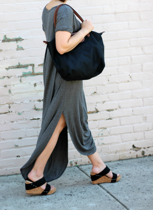 Gray Monroe, how to style a maxi dress, black wedge sandals, mom style, style on a budget