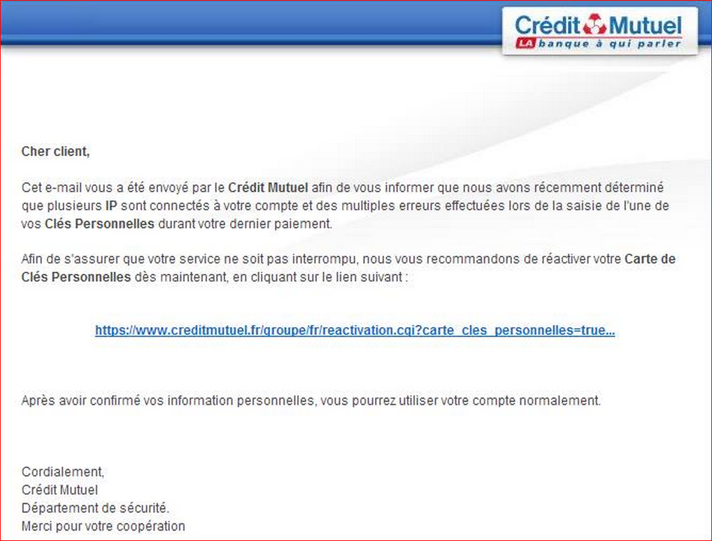 Attention ] Mail / Courriel Frauduleux de la Banque du Crédit Mutuel et