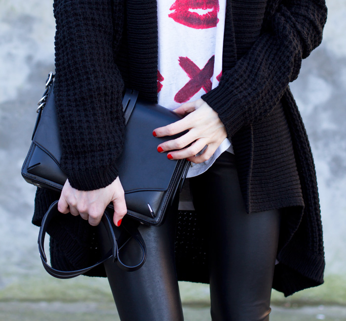 Vancouver Fashion Blogger, Alison Hutchinson, is wearing a rocker casual look styled using pieces from Daysen Winter: MinkPink sweater, Chaser Tee, Aritzia leather leggings, Isabel Marant Sneakers, Rag & Bone Bag, Sahsa Eillenna Necklace