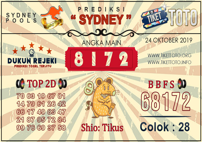 Prediksi Togel SYDNEY TIKETTOTO 24 OKTOBER 2019