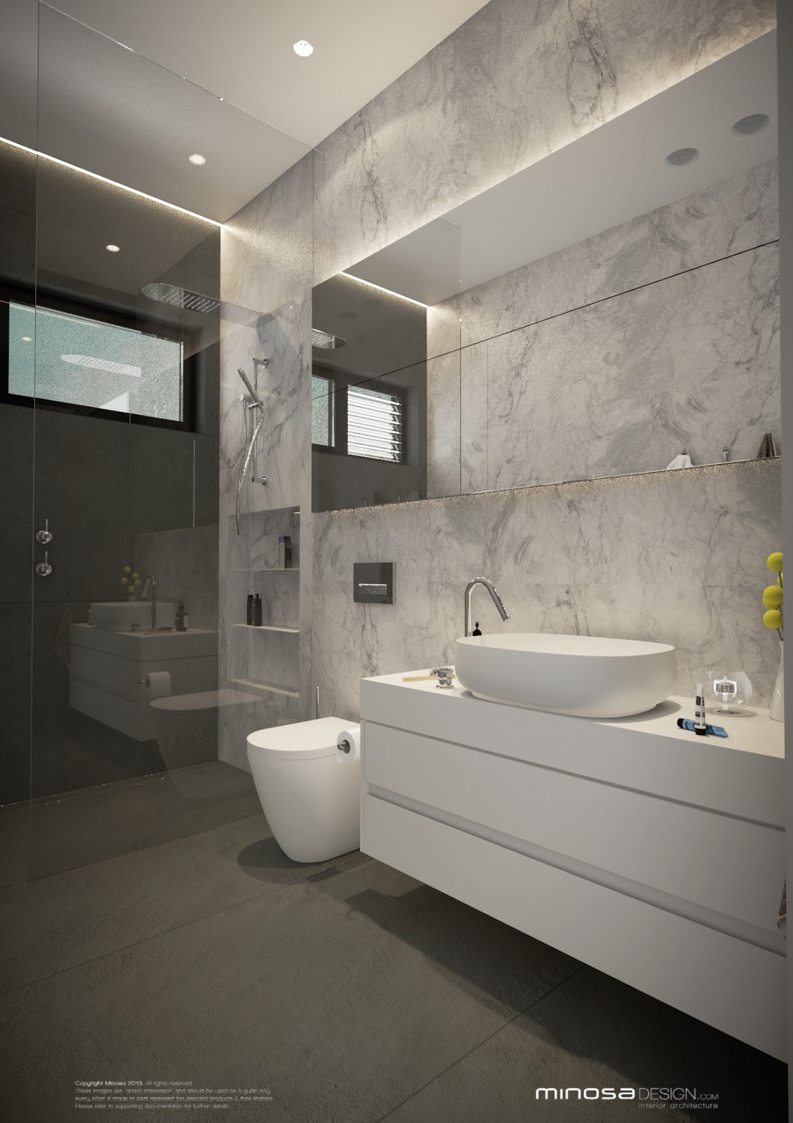 A minimalist bathroom features a white toilet and sink against pale pink walls and floors.  Woven storage baskets and black and white art add a touch of personality.