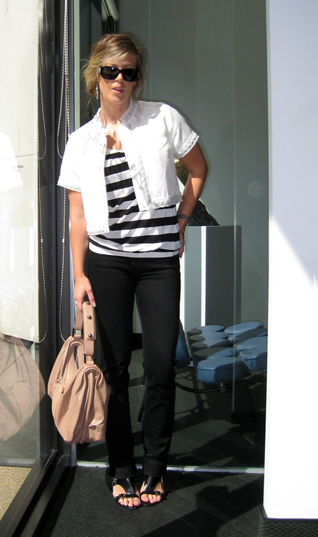 black and white striped shirt with black jeans