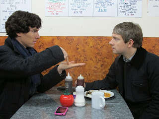 Benedict Cumberbatch and Martin Freeman as Sherlock Holmes and John Watson in BBC Sherlock Season 1 Episode 3 The Great Game