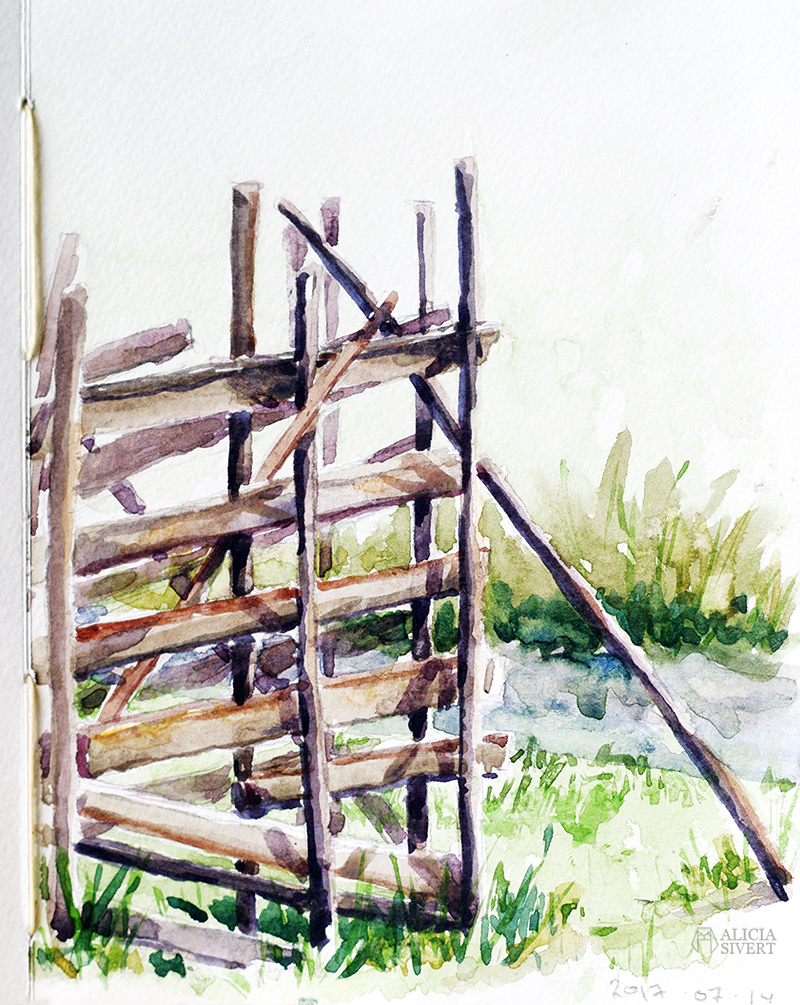 Gärdsgård, akvarell av Alicia Sivertsson. aliciasivert alicia sivert sivertsson akvarell aquarelle watercolour watercolor water color colour vattenfärg friluftsmåleri måla målning målningar konst paint painting art paintings gotland gärdsgård staket