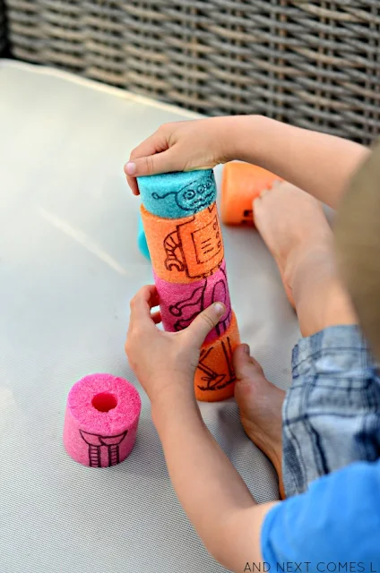 Quiet time activity for kids with DIY pool noodle blocks from And Next Comes L