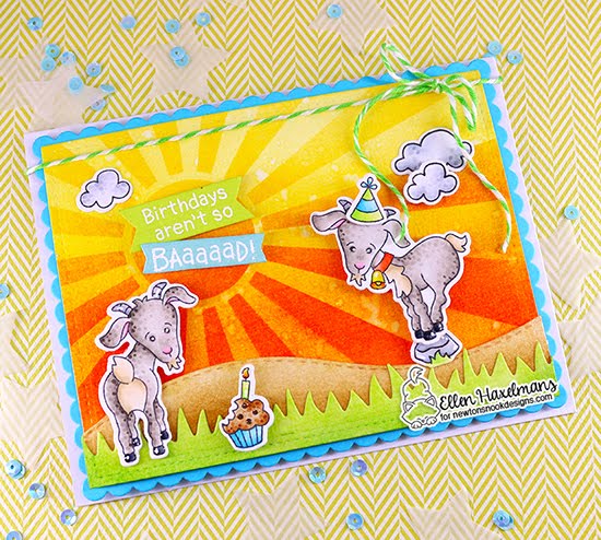 Birthday card with Goats by Ellen Haxelmans | Bleat Stamp Set, Sunscape Stencil, and Land Borders Die Set by Newton's Nook Designs #newtonsnook