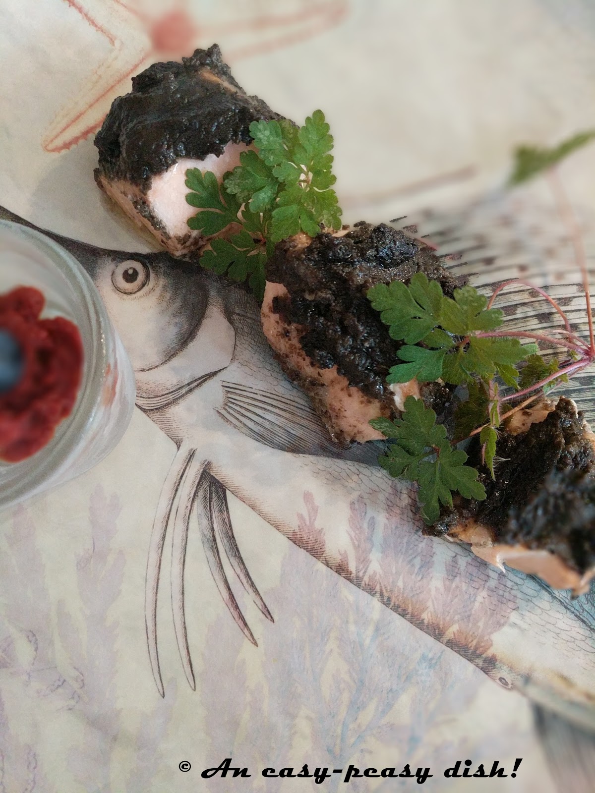 PAPILLOTES OF SALMON WITH TAPENADE AND TOMATO SORBET (Saumon en papillote à la tapenade et son