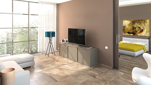 Living room and bedroom tiles design with Cement and resins finish tiles Amarcord collection