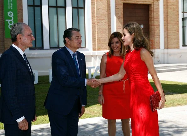 Queen Letizia wore NINA RICCI Plissé dress and carried a red Carolina Herrera animal print clutch bag