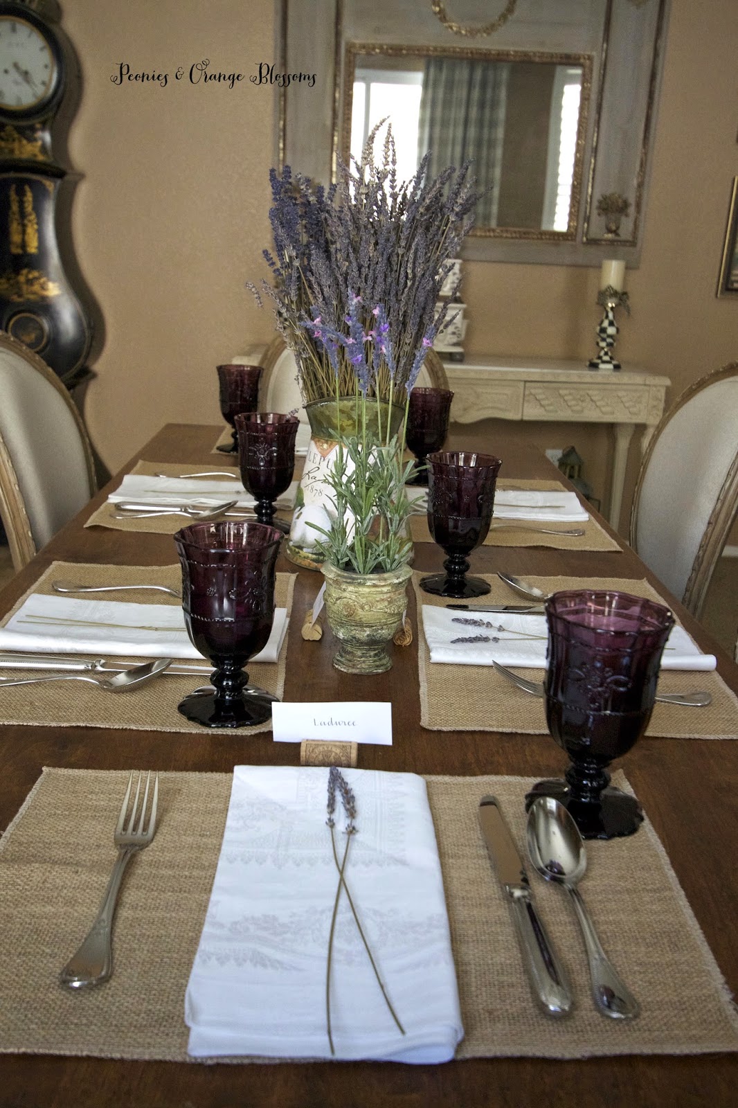 Lavender French Country table with burlap, dried lavender, purple goblets - Peonies and Orange Blossoms