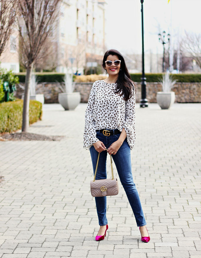 Style-Delights: Spring Outfit Idea: Bell Sleeve Blouse, Gucci Marmont Nude Bag Fuchsia Pumps