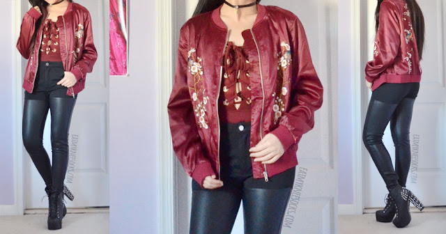 SheIn Fashion Review: Maroon Lace-Up Bodysuit + Satin Floral Bomber Jacket Edgy holiday outfit featuring a maroon lace-up plunging bodysuit and burgundy floral embroidered silky satin bomber jacket from SheIn, paired with high-waisted faux leather paneled skinny jeans and an embellished choker.
